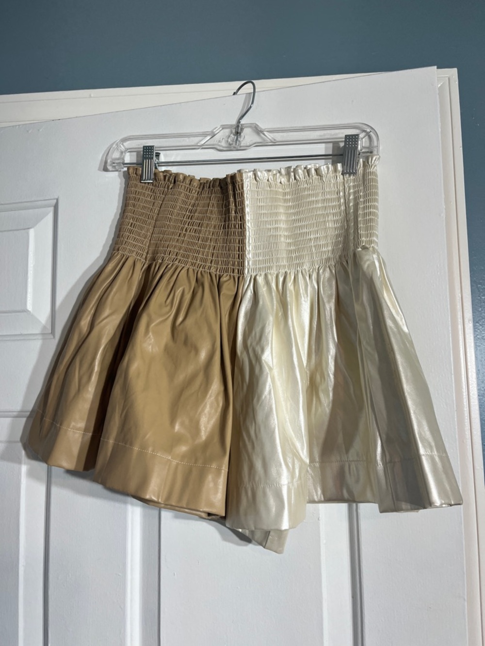 QUEEN OF SPARKLES Two-Tone Faux Leather Skirt in Tan & Cream